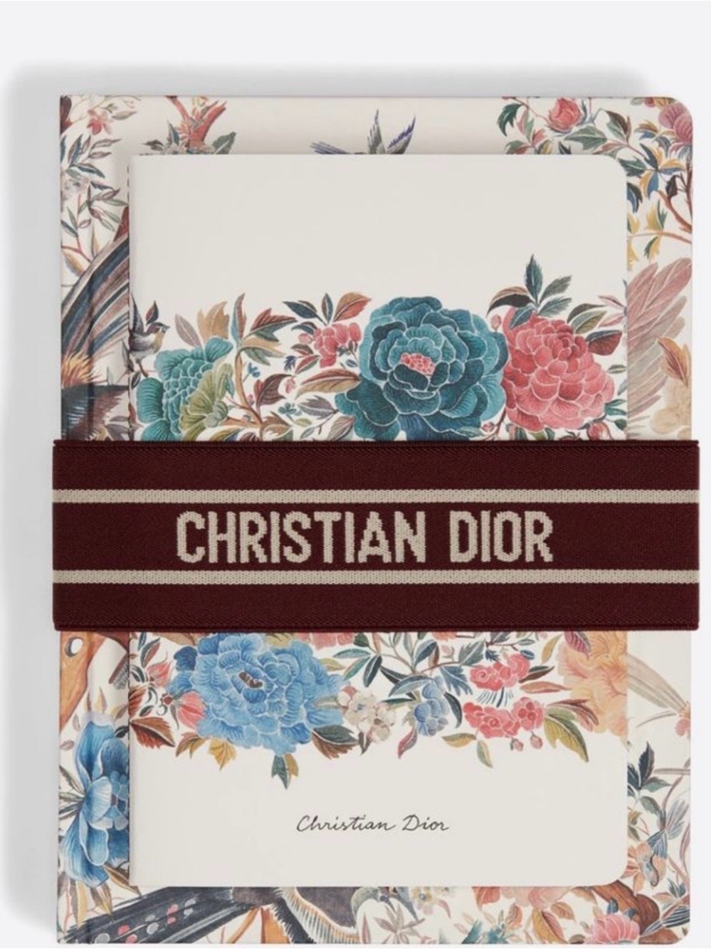 Dior Floral Card Holder with Burgundy Logo Band and Multicolor Bouquet